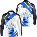 FUNSTUFFPRINT Blue Light Bowling Long Sleeve Polo Shirt, Custom Bowling Ball And Pins Team League Jerseys