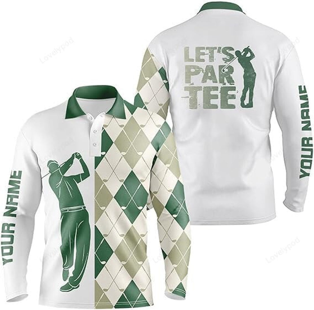 FUNSTUFFPRINT Custom Golf Long Sleeve Polo Shirt, Mens Golf Shirts, Green And White Golf Shirt Argyle Pattern Golf Clubs Custom Name Mens Golf