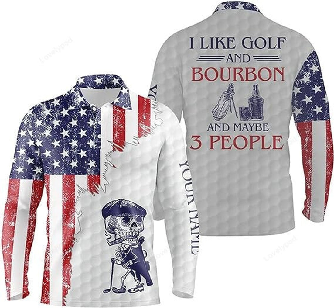 FUNSTUFFPRINT Custom Golf Long Sleeve Polo Shirt, Custom Name Mens Golf Shirt, I Like Golf And Bourbon And May Be 3 People