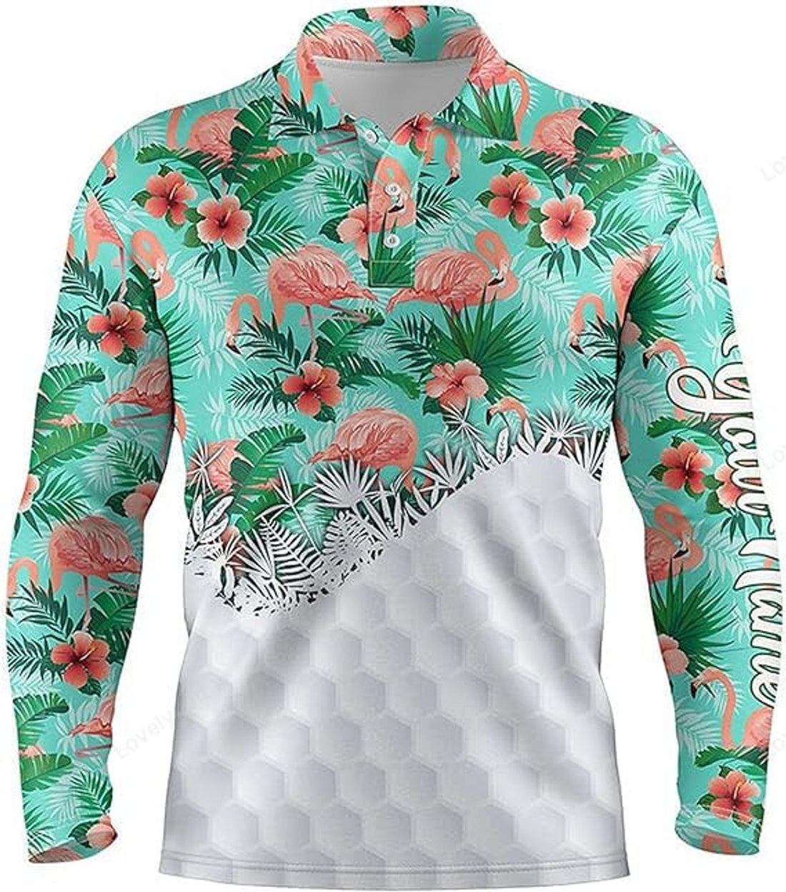 FUNSTUFFPRINT Custom Flamingo Golf Long Sleeve Polo Shirt, Custom Name Golf Shirt For Men And Women, Gift For Golf Lover