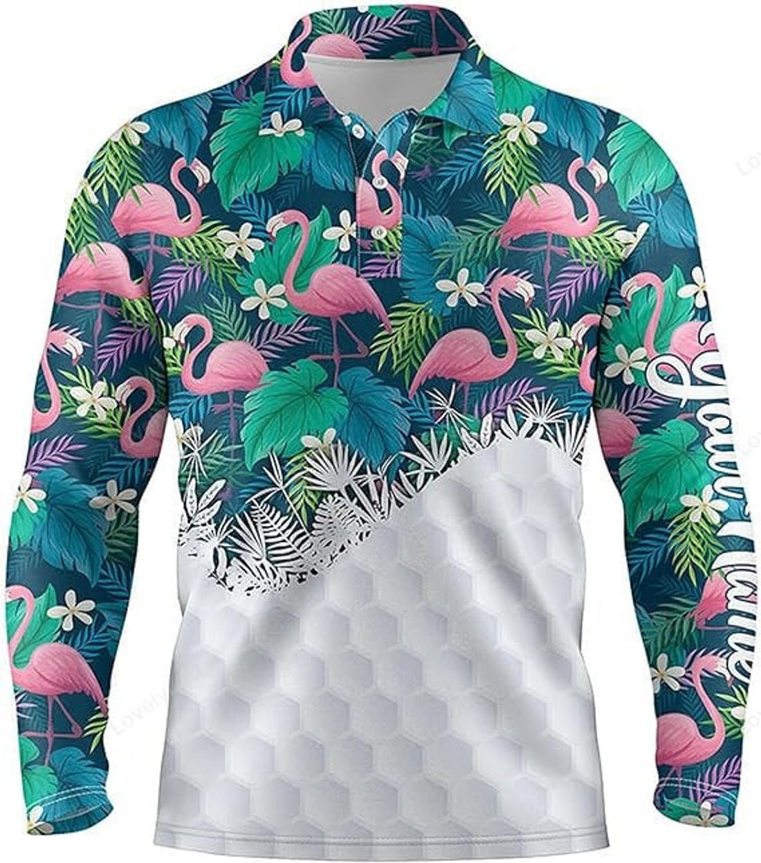 FUNSTUFFPRINT Custom Green Tropical Flower Flamingo Golf Long Sleeve Polo Shirt, Custom Name Golf Shirt For Men And Women, Gift For Golf Lover
