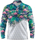 FUNSTUFFPRINT Custom Green Tropical Flower Flamingo Golf Long Sleeve Polo Shirt, Custom Name Golf Shirt For Men And Women, Gift For Golf Lover