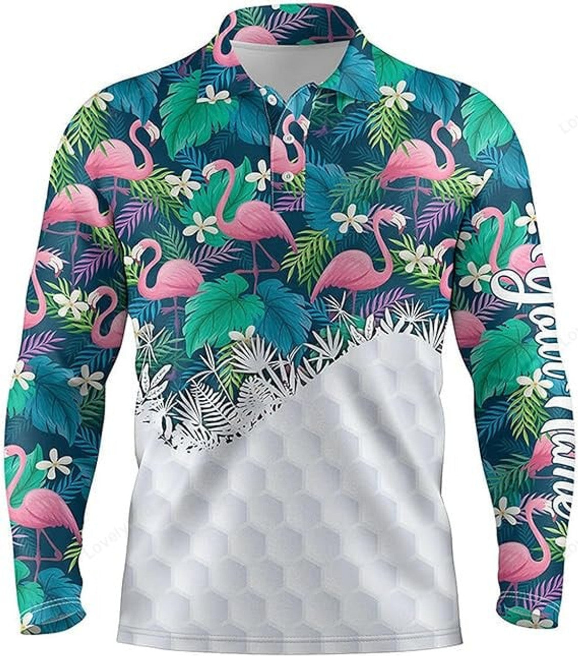 FUNSTUFFPRINT Custom Green Tropical Flower Flamingo Golf Long Sleeve Polo Shirt, Custom Name Golf Shirt For Men And Women, Gift For Golf Lover