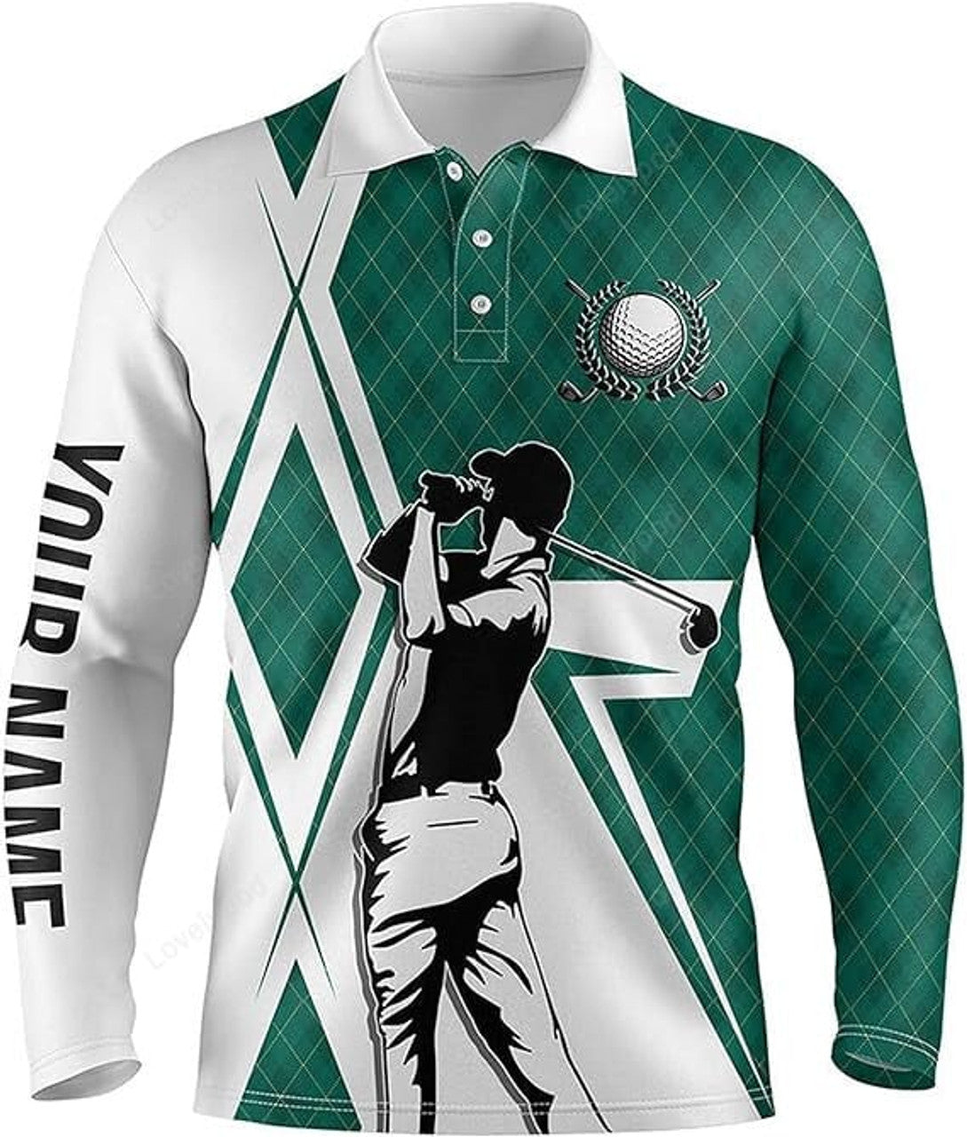 FUNSTUFFPRINT Custom Golf Long Sleeve Polo Shirt Green And White, Custom Name Golf Shirt For Men, Gift For Golf Lover