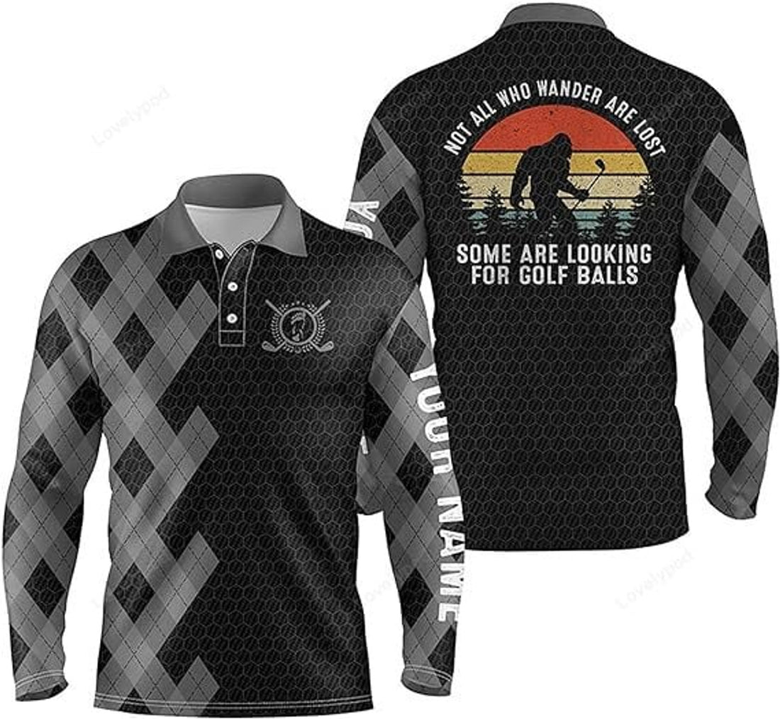 FUNSTUFFPRINT Custom Bigfoot Golf Long Sleeve Polo Shirt , Funny Golf Shirt For Men, Gift For Golf Lover