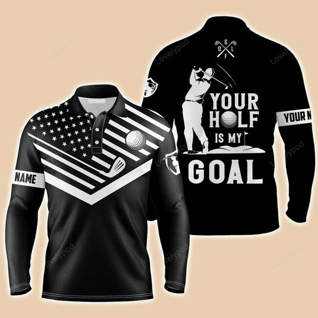 FUNSTUFFPRINT Custom Golf Long Sleeve Men Polo Shirt, Your Hole Is My Goal Custom Name Black American Flag Men Polo Shirt For Golf Lover