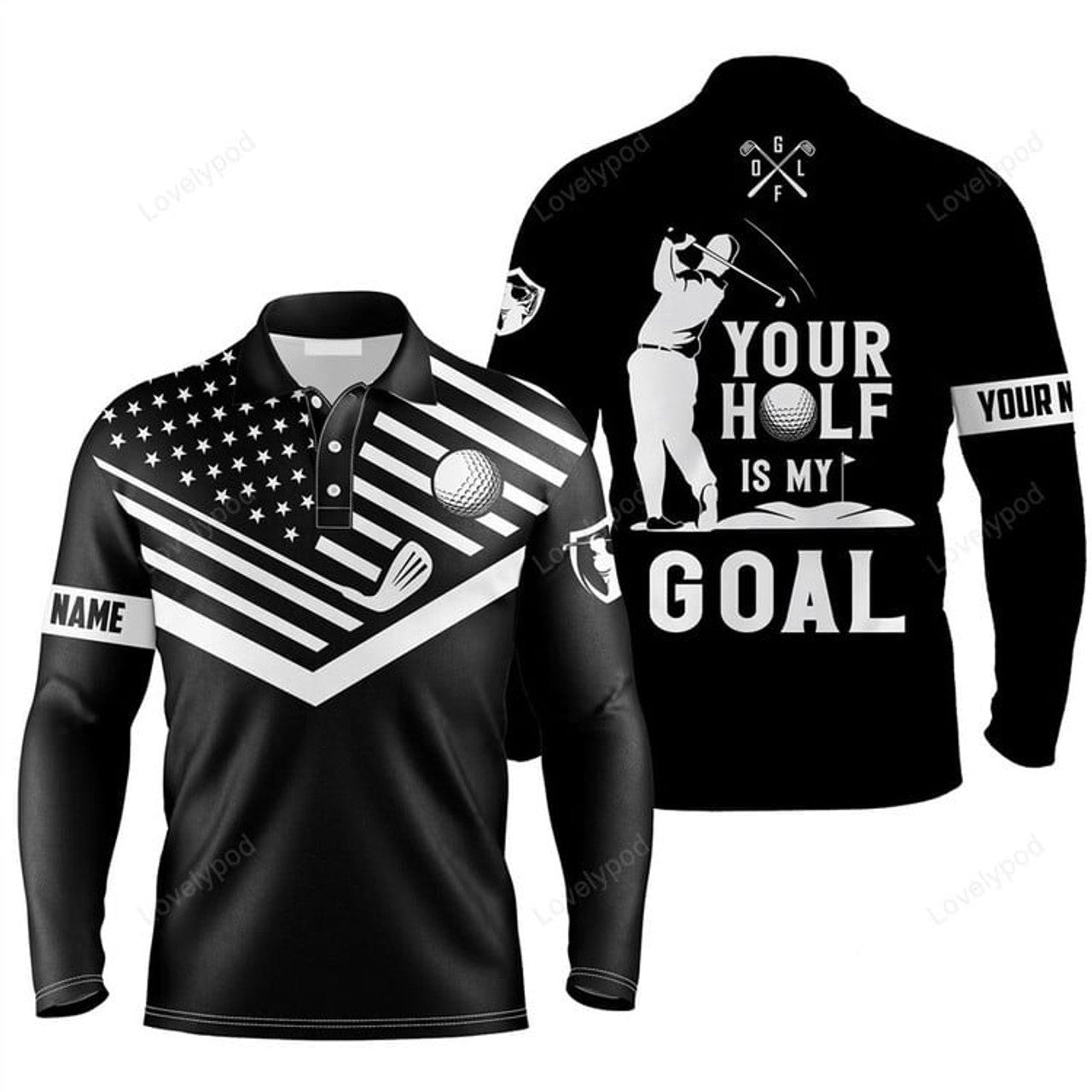 FUNSTUFFPRINT Custom Golf Long Sleeve Men Polo Shirt, Your Hole Is My Goal Custom Name Black American Flag Men Polo Shirt For Golf Lover
