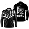 FUNSTUFFPRINT Custom Golf Long Sleeve Men Polo Shirt, Your Hole Is My Goal Custom Name Black American Flag Men Polo Shirt For Golf Lover