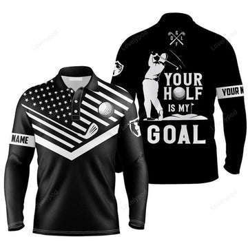 FUNSTUFFPRINT Custom Golf Long Sleeve Men Polo Shirt, Your Hole Is My Goal Custom Name Black American Flag Men Polo Shirt For Golf Lover