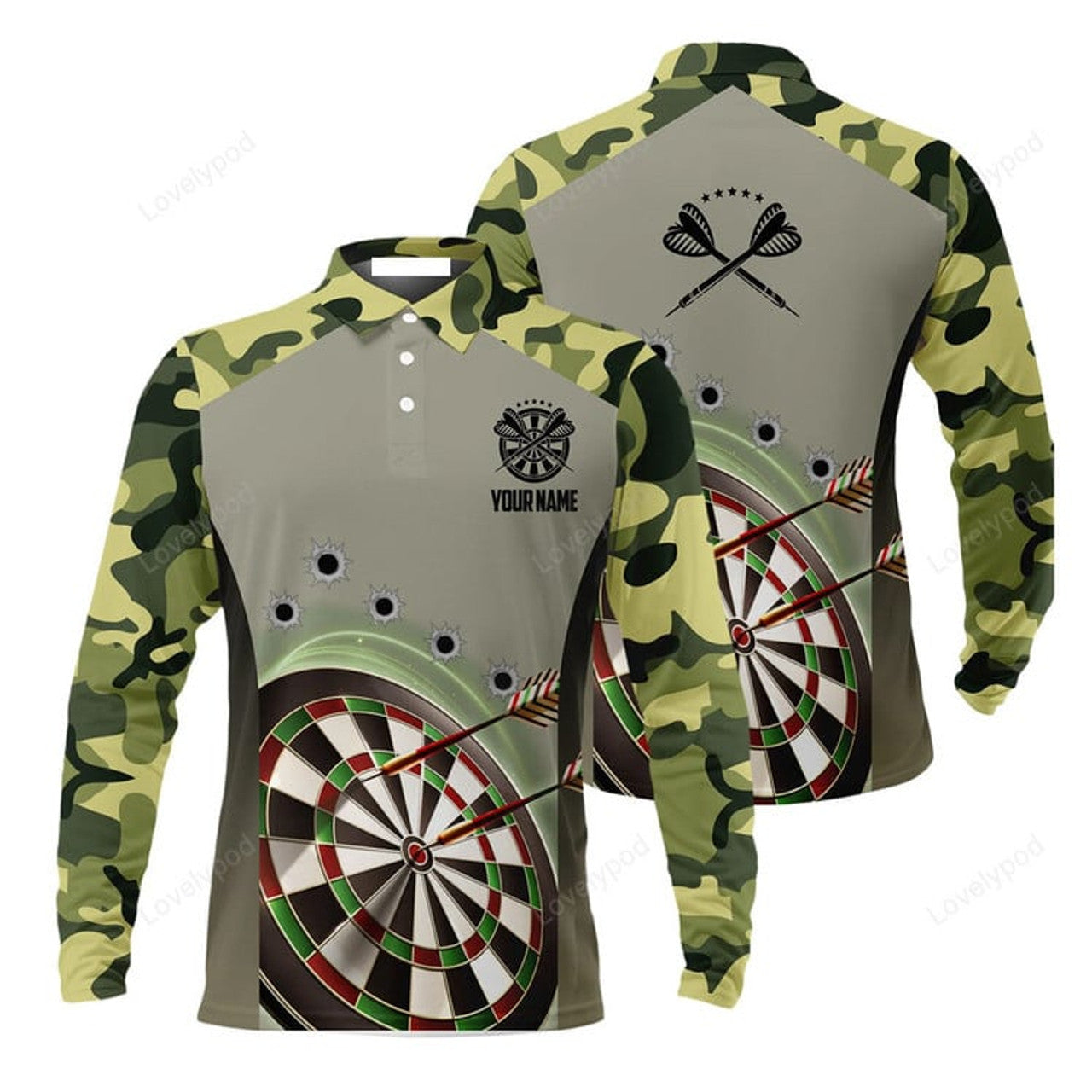 FUNSTUFFPRINT Customized Name Darts Men'S Long Sleeve Polo Shirt, Camo Pattern Personalized Darts Men'S Polo Shirt