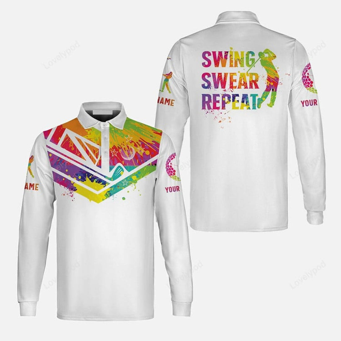 FUNSTUFFPRINT Custom Golf Men'S Long Sleeve Polo Shirt - Watercolor New Zealand Flag Custom Name White Apparel, Swing Swear Repeat