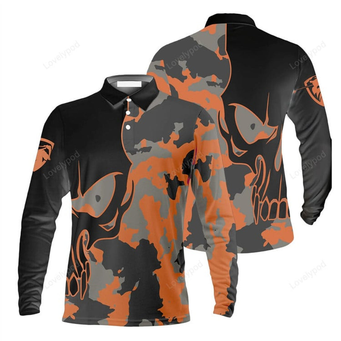 FUNSTUFFPRINT Golf Men'S Long Sleeve Polo Shirt, Skull Orange Camouflage Golf Long Sleeve Polo Shirt