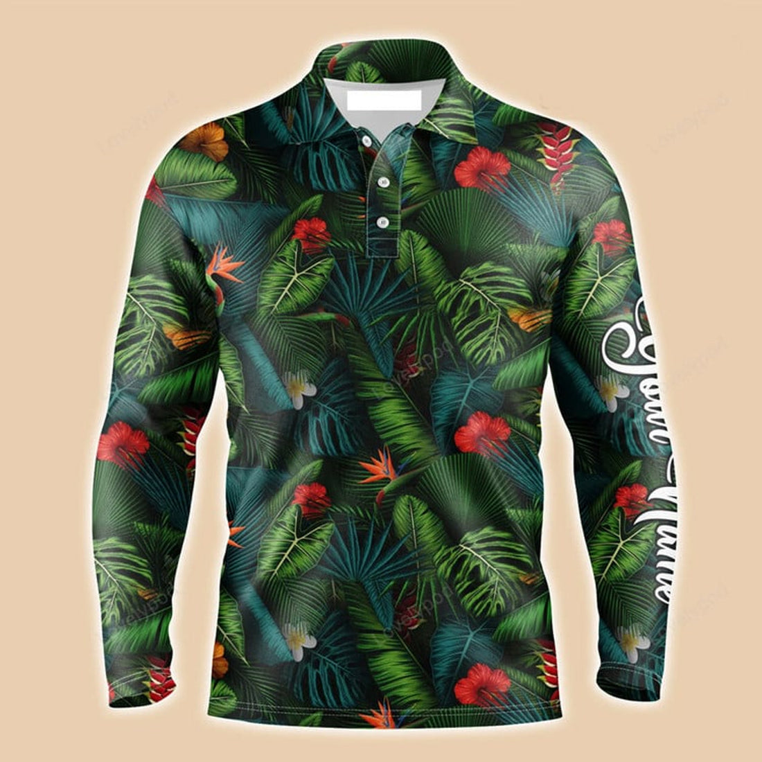 FUNSTUFFPRINT Tropical Summer Leaves Background Long Sleeve Polo Shirt Custom Name Golf Outfit