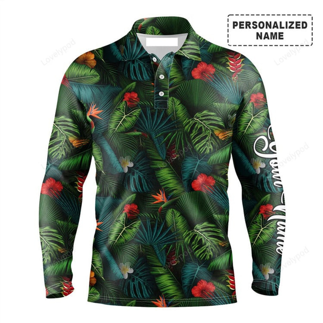 FUNSTUFFPRINT Tropical Summer Leaves Background Long Sleeve Polo Shirt Custom Name Golf Outfit
