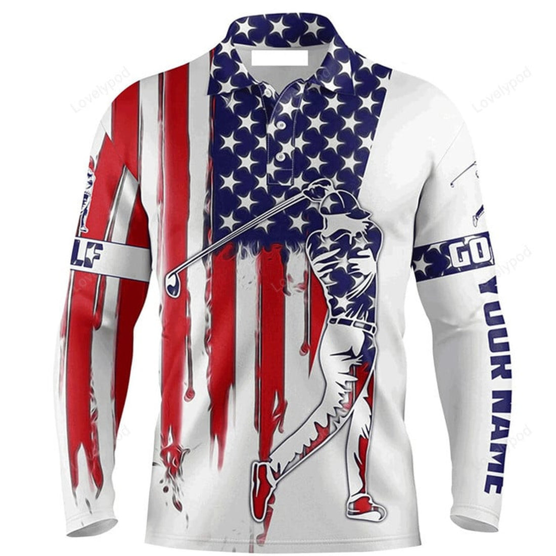 FUNSTUFFPRINT Custom Golf Long Sleeve Men Polo Shirt, American Flag Custom Name Apparel Men Golf Polo Shirt