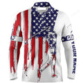 FUNSTUFFPRINT Custom Golf Long Sleeve Men Polo Shirt, American Flag Custom Name Apparel Men Golf Polo Shirt