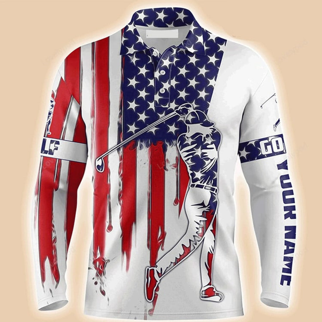 FUNSTUFFPRINT Custom Golf Long Sleeve Men Polo Shirt, American Flag Custom Name Apparel Men Golf Polo Shirt