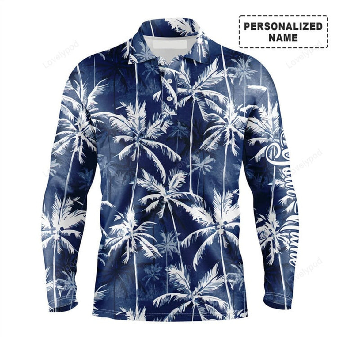FUNSTUFFPRINT Tropical Background Long Sleeve Polo Shirt Customized Name Blue Watercolor Palms Men Apparel