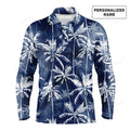 FUNSTUFFPRINT Tropical Background Long Sleeve Polo Shirt Customized Name Blue Watercolor Palms Men Apparel