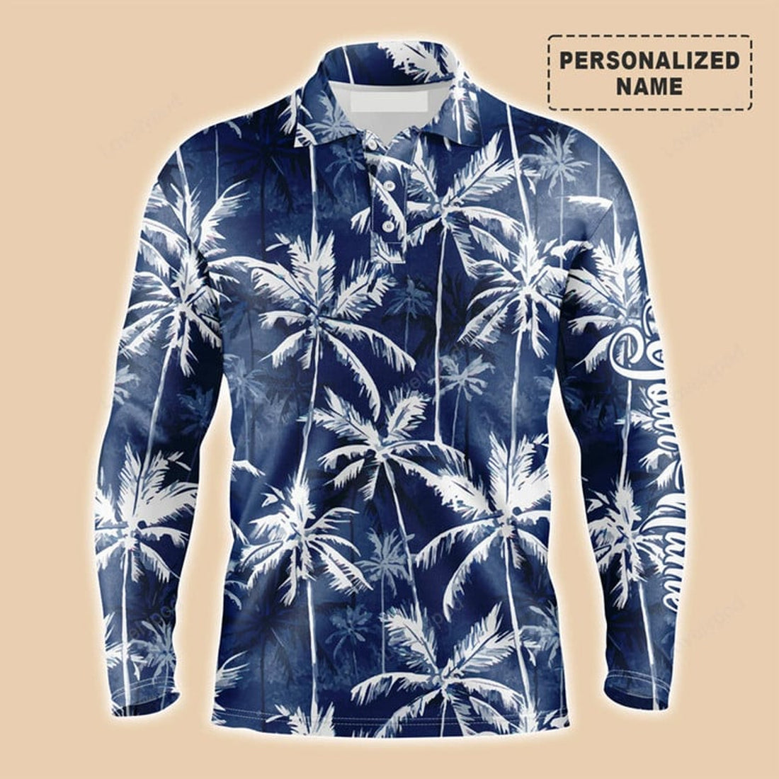 FUNSTUFFPRINT Tropical Background Long Sleeve Polo Shirt Customized Name Blue Watercolor Palms Men Apparel