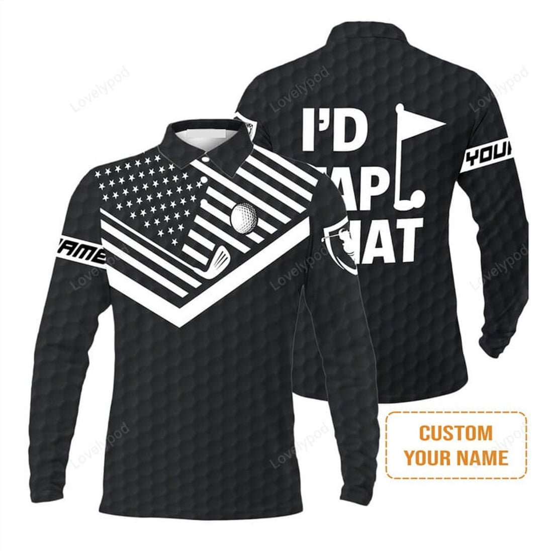 FUNSTUFFPRINT Men Golf Long Sleeve Polo Shirt, Personalized Golf American Flag Golf Long Sleeve Polo Shirt, I'D Tap That Golf Custom Shirt
