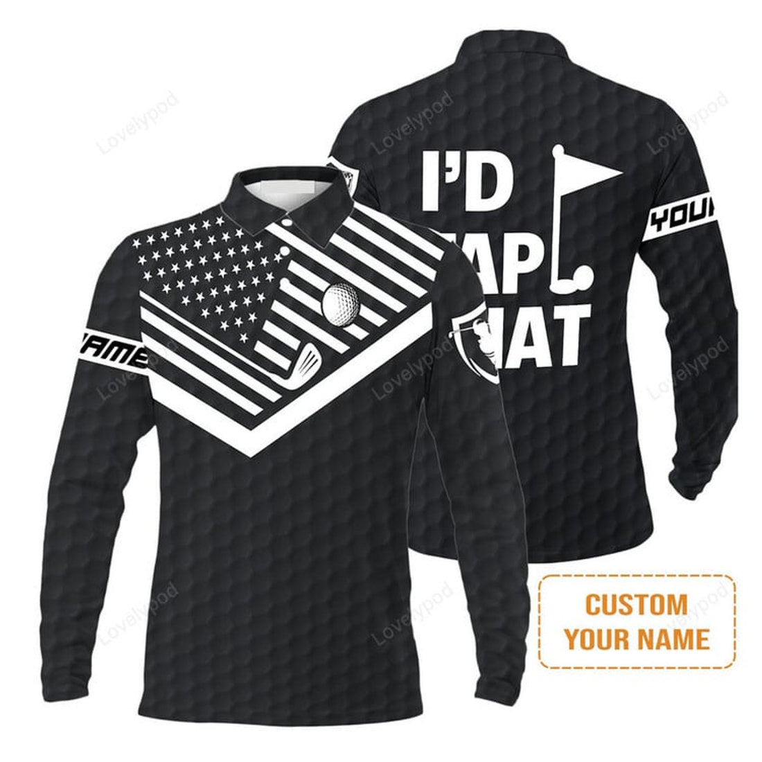 FUNSTUFFPRINT Men Golf Long Sleeve Polo Shirt, Personalized Golf American Flag Golf Long Sleeve Polo Shirt, I'D Tap That Golf Custom Shirt