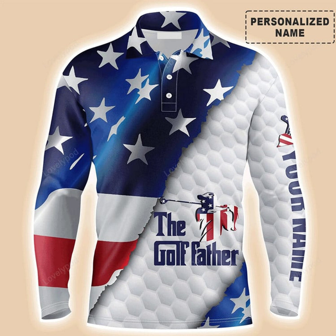 FUNSTUFFPRINT Custom Golf Long Sleeve Men Polo Shirt - Custom Name American Flag, The Golf Father Men Polo Shirt