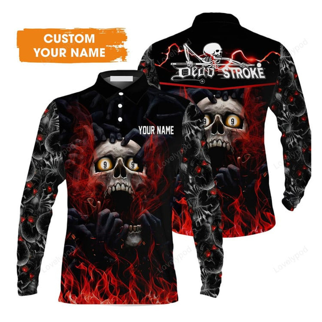 FUNSTUFFPRINT Customized Name Billiard Men'S Long Sleeve Polo Shirt, Dead Stroke Pool 9 Ball Skull On Fire Men'S Long Sleeve Polo Shirt