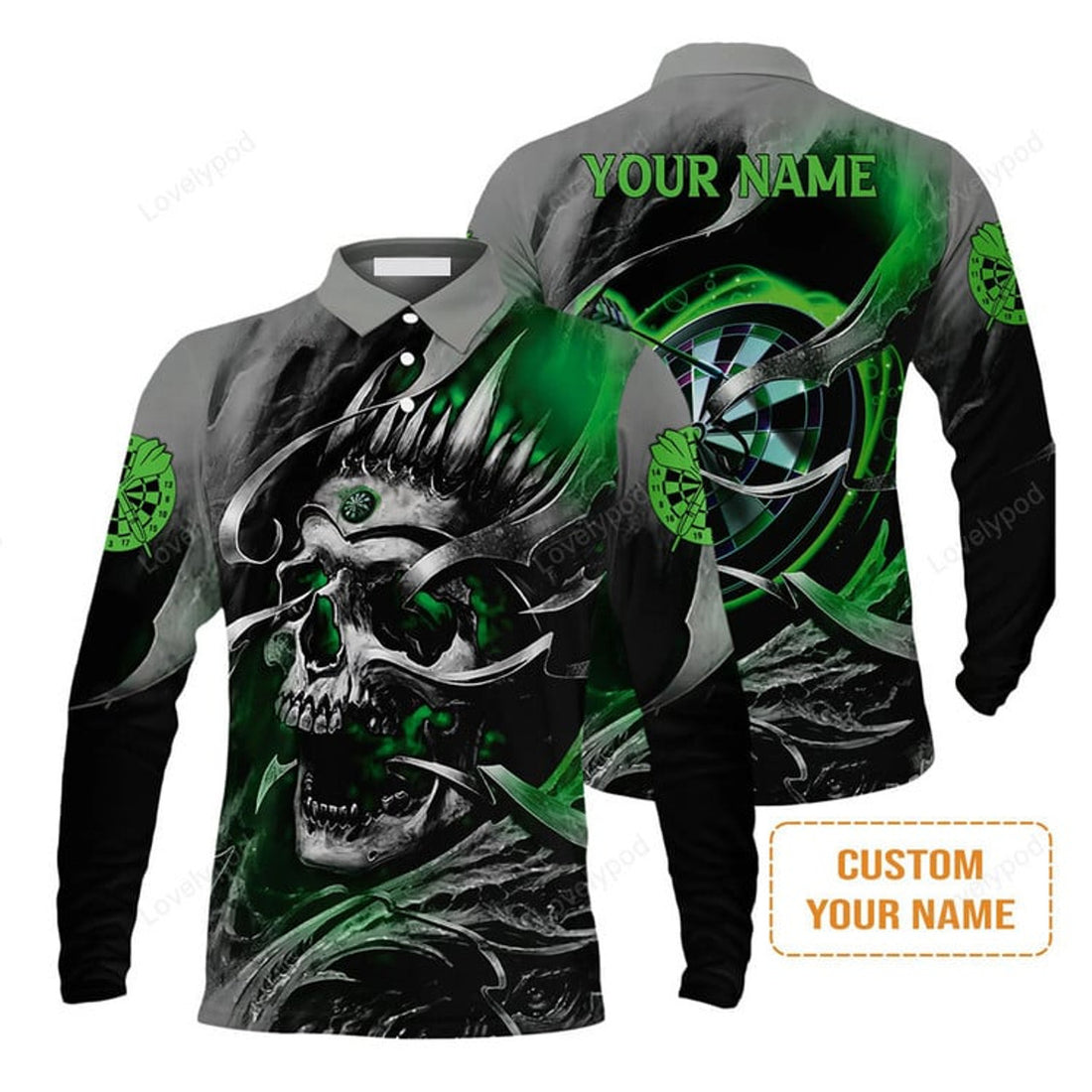 FUNSTUFFPRINT Darts Men'S Long Sleeve Polo Shirt Custom Name - Green Skull Dartboard Personalized Long Sleeve Polo Shirt For Men