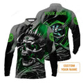 FUNSTUFFPRINT Darts Men'S Long Sleeve Polo Shirt Custom Name - Green Skull Dartboard Personalized Long Sleeve Polo Shirt For Men