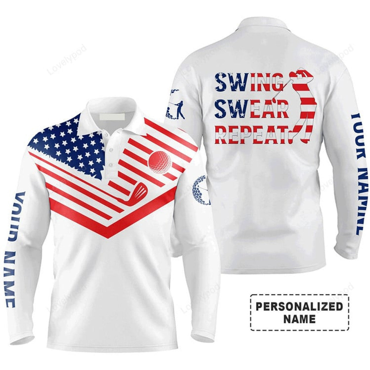 FUNSTUFFPRINT Custom Golf Long Sleeve Men Polo Shirt- American Flag 4th July , Swing Swear Repeat Men Polo Shirt