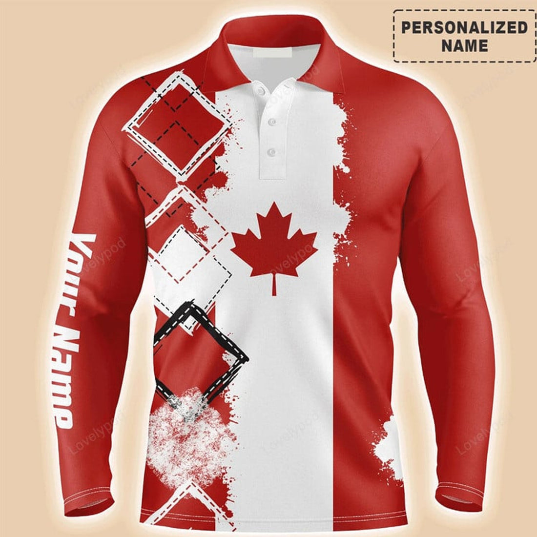 FUNSTUFFPRINT Custom Golf Long Sleeve Men Polo Shirt - Custom Name Canada Flag Patriot Apparel Men Golf Polo Shir
