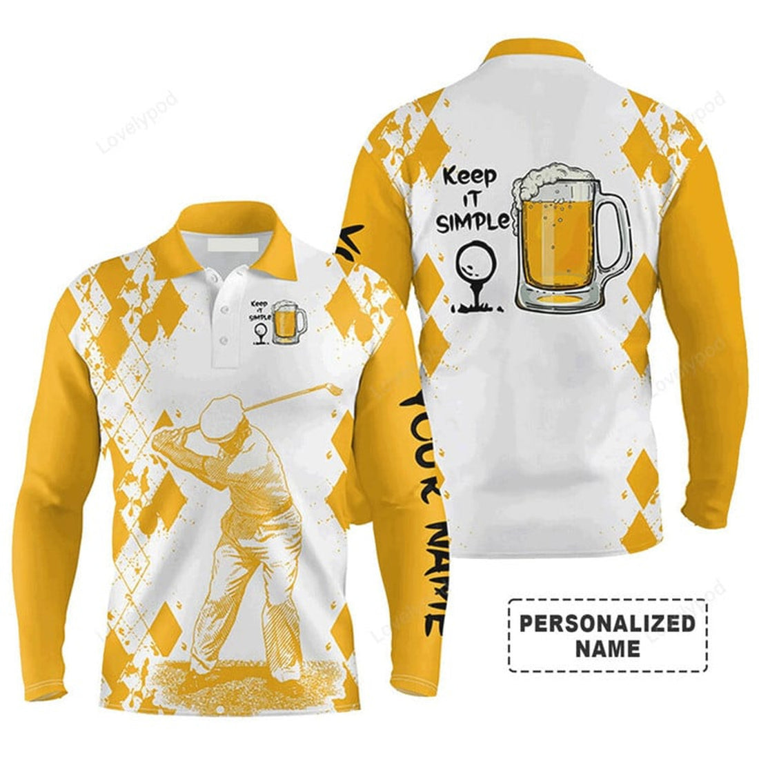 FUNSTUFFPRINT Custom Golf Long Sleeve Men Polo Shirt - Beer And Golf Men Polo Shirt, Keep It Simple Men Polo Shirt