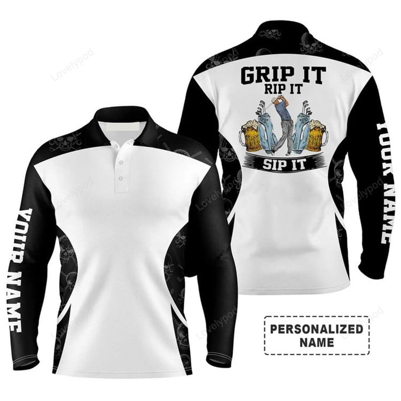 FUNSTUFFPRINT Custom Golf Long Sleeve Men Polo Shirt - Beer And Golf Men Polo Shirt, Grip It Rip It Sip It Men Polo Shirt