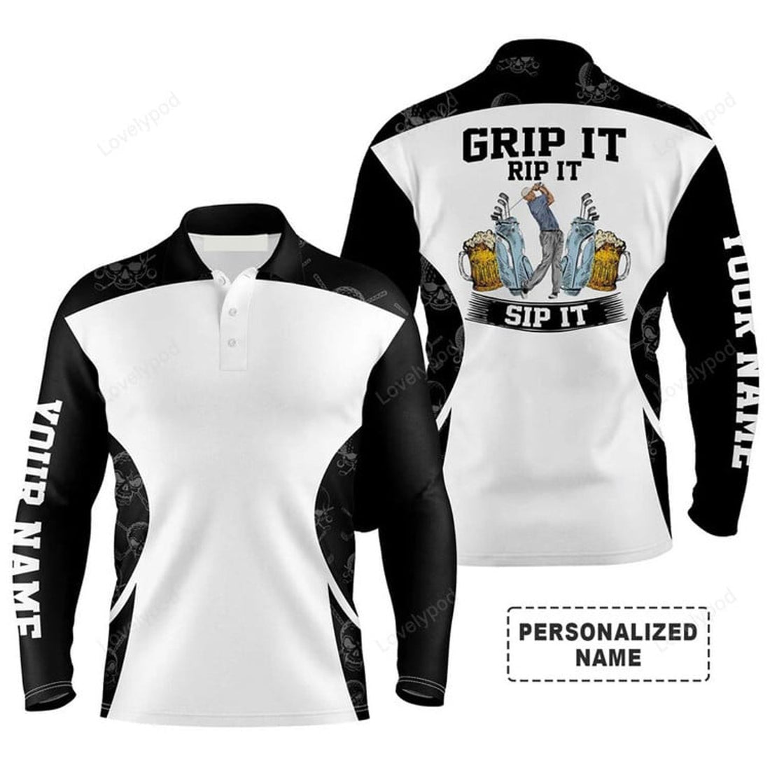 FUNSTUFFPRINT Custom Golf Long Sleeve Men Polo Shirt - Beer And Golf Men Polo Shirt, Grip It Rip It Sip It Men Polo Shirt