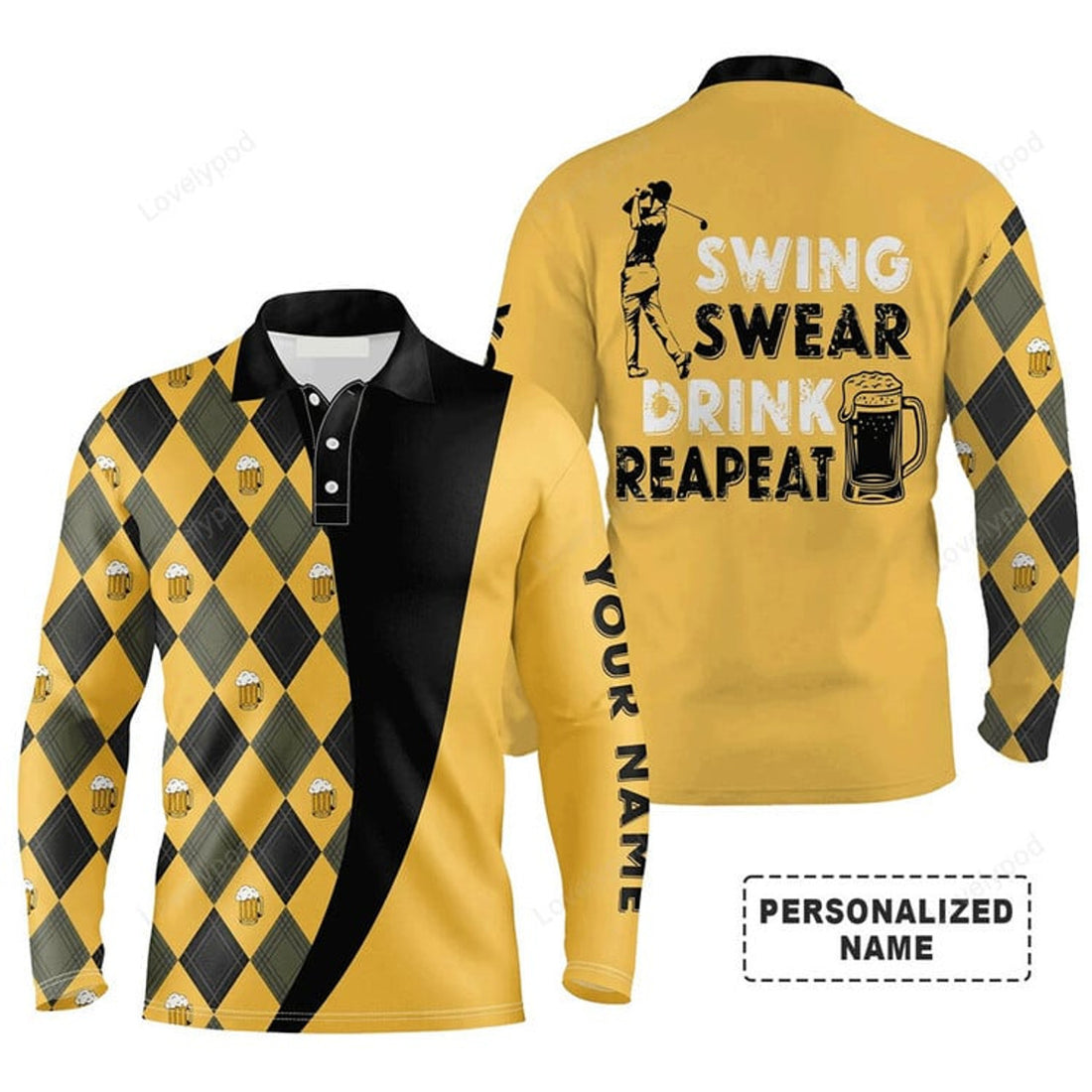 FUNSTUFFPRINT Custom Golf Long Sleeve Men Polo Shirt - Beer And Golf Men Polo Shirt, Swing Swear Drink Repeat Polo Shirt