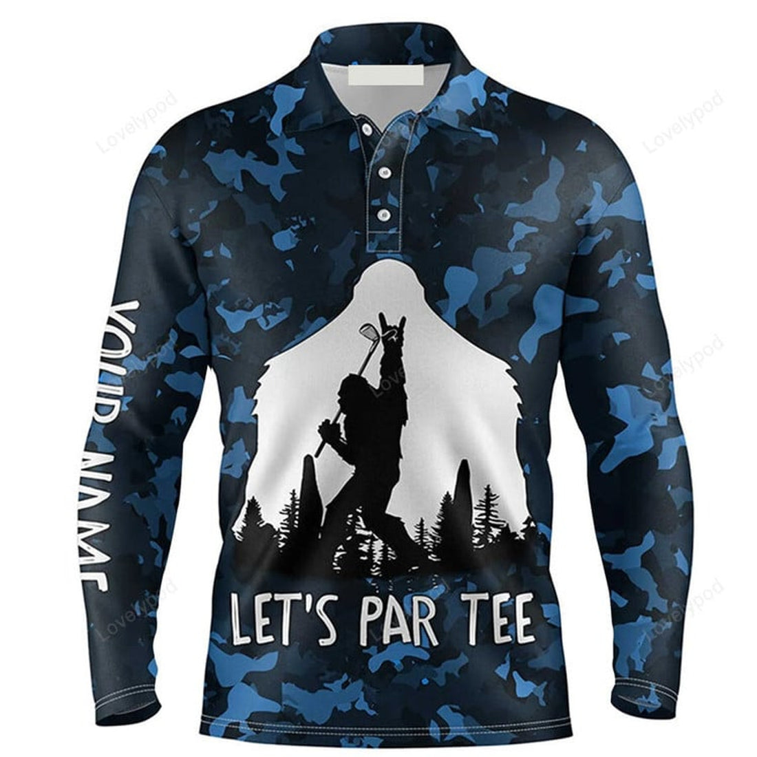 FUNSTUFFPRINT Custom Golf Long Sleeve Men Polo Shirt - Bigfoot Golf Custom Name, Funny Bigfoot Blue Camo Custom Polo Shirt
