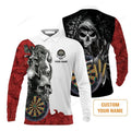 FUNSTUFFPRINT Darts Custom Name Men'S Long Sleeve Polo Shirt, Dartboard Skull Personalized Long Sleeve Polo Shirt