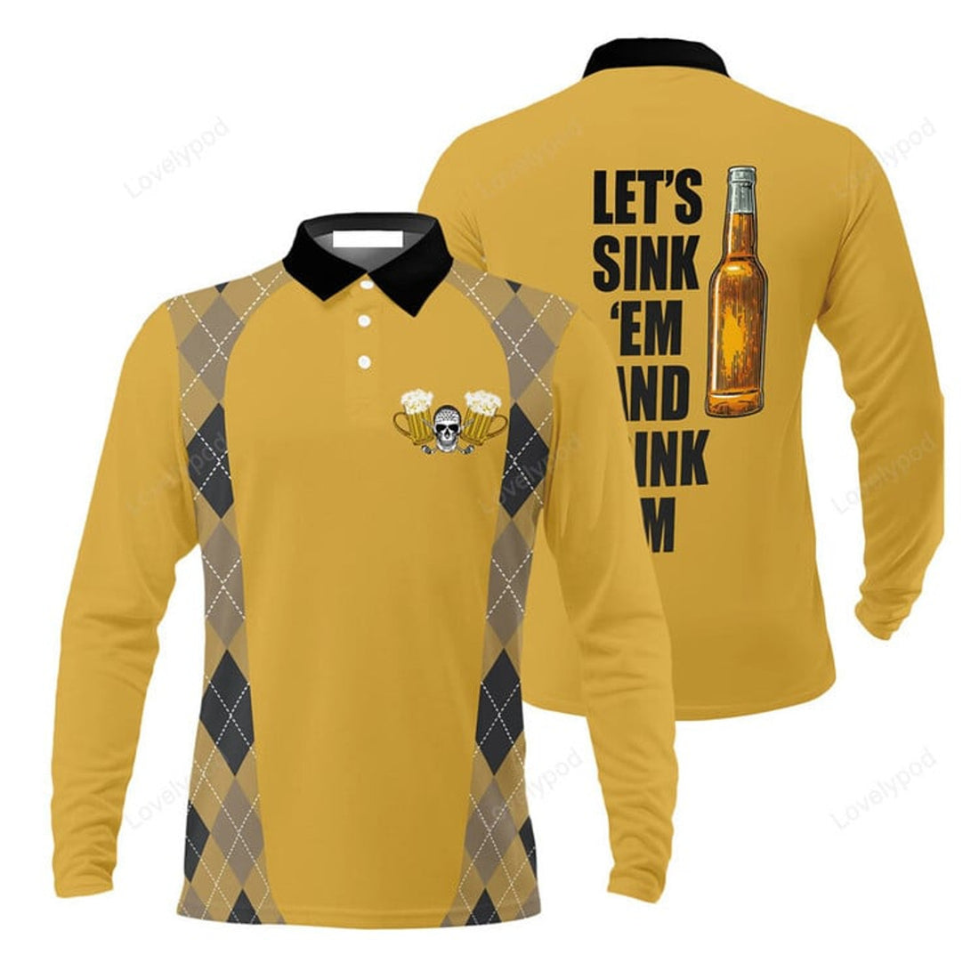FUNSTUFFPRINT Plaid Pattern Golf Beer Men Long Sleeve Polo Shirt , Let'S Sink 'Em And Drink 'Em Golf Long Sleeve Polo Shirt