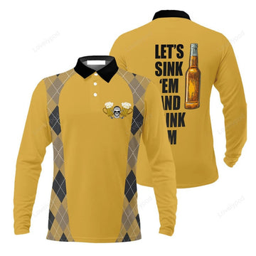 FUNSTUFFPRINT Plaid Pattern Golf Beer Men Long Sleeve Polo Shirt , Let'S Sink 'Em And Drink 'Em Golf Long Sleeve Polo Shirt