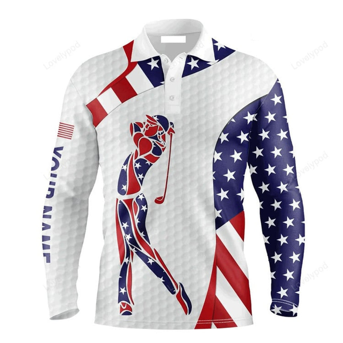 FUNSTUFFPRINT American Flag 4th of July Golf Long Sleeve Men Polo Shirt - Custom Name American Flag Polo Shirts