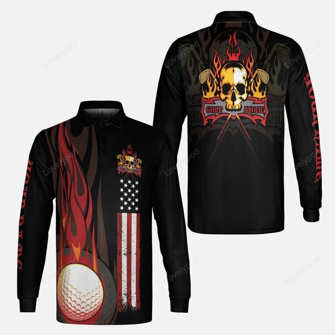 FUNSTUFFPRINT Golf Men'S Long Sleeve Polo Shirt - Flame Skull Golf Ball American Flag Custom Name Long Sleeve Polo Shirt