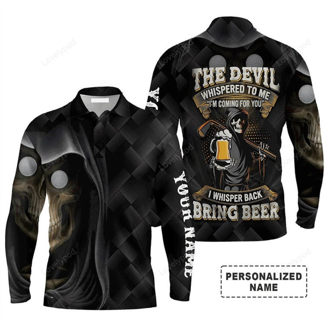 FUNSTUFFPRINT Custom Golf Long Sleeve Men Polo Shirt - Beer And Golf Men Polo Shirt - The Devil Whispered To Me, Bring Beer Polo Shirt For Men