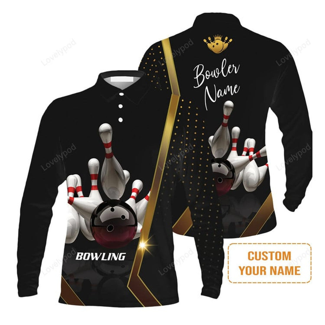 FUNSTUFFPRINT Customized Bowling Men'S Long Sleeve Polo Shirt, Black And Golden Pattern Personalized Bowling Long Sleeve Polo Shirt