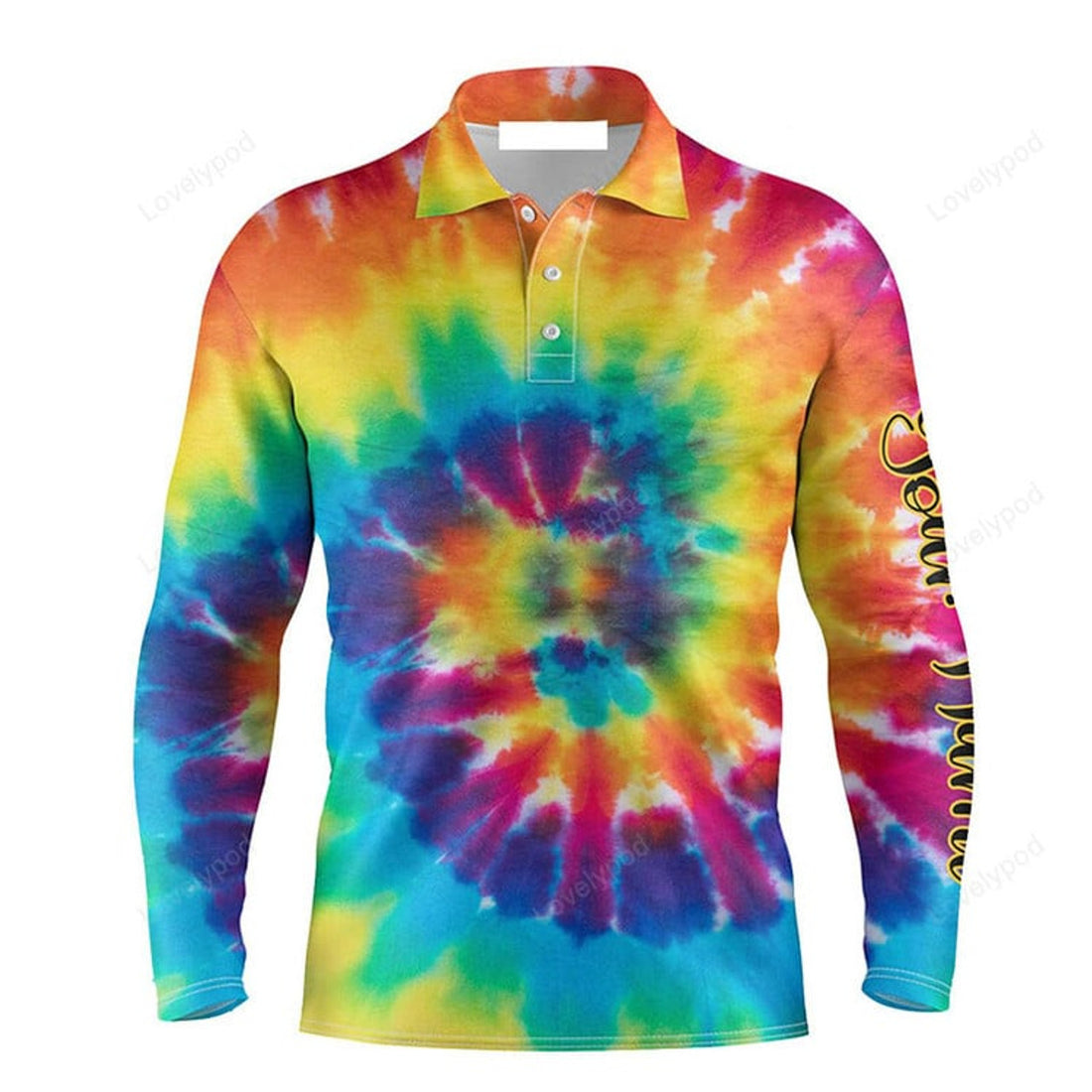 FUNSTUFFPRINT Custom Golf Long Sleeve Men Polo Shirt - Colorful Tie Dye Background Custom Name Golf Men Polo Shirt