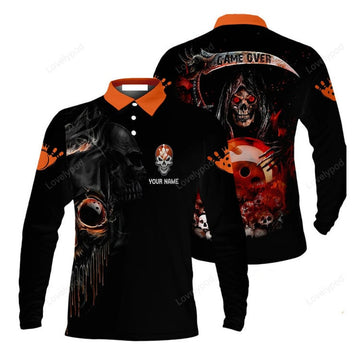 FUNSTUFFPRINT Customized Name Bowling Men'S Long Sleeve Polo Shirt, Orange Grim Reaper Bowling Long Sleeve Polo Shirt