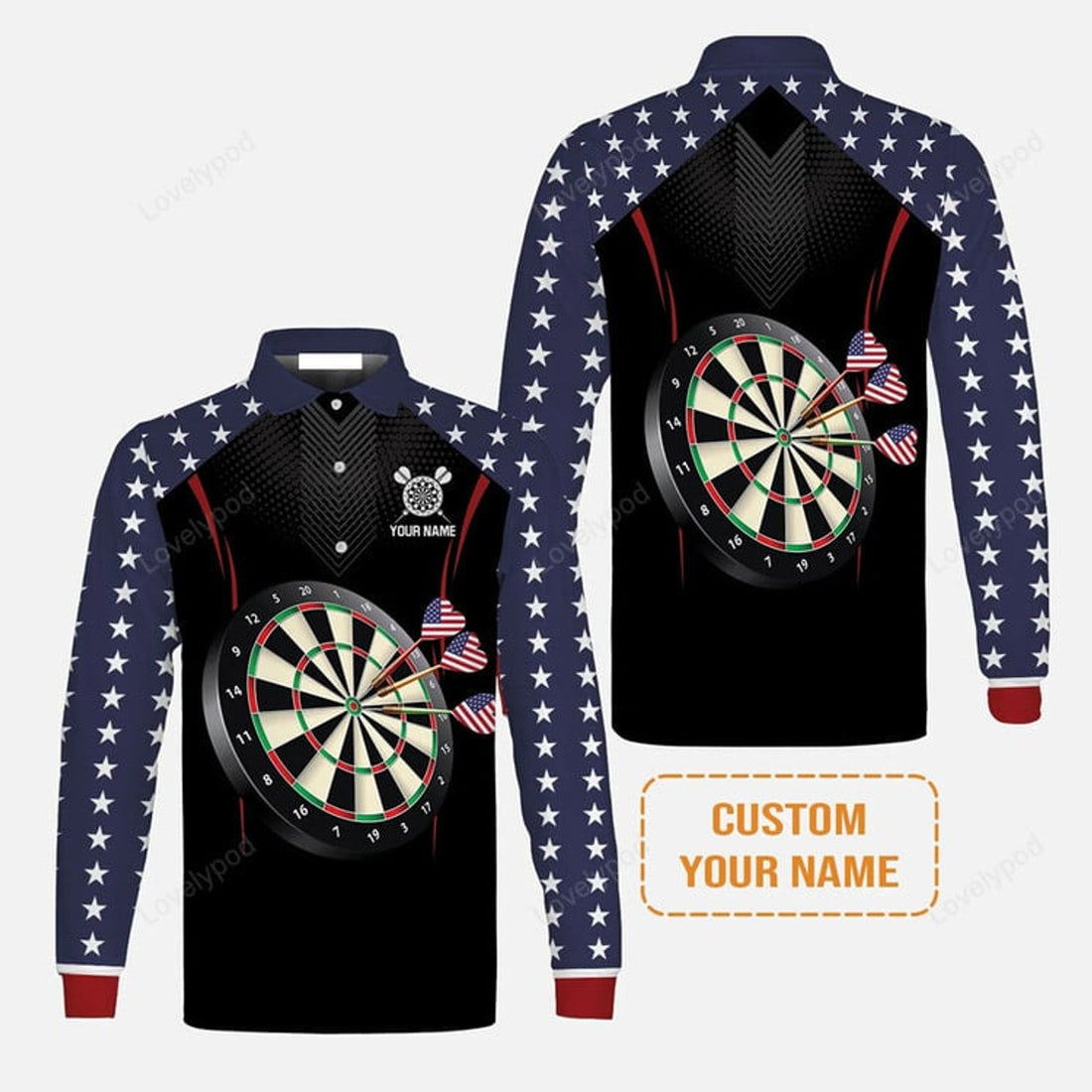 FUNSTUFFPRINT Personalised Darts Men'S Long Sleeve Polo Shirt, Darts American Flag Black Background Custom Name Men'S Long Sleeve Polo Shirt