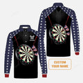 FUNSTUFFPRINT Personalised Darts Men'S Long Sleeve Polo Shirt, Darts American Flag Black Background Custom Name Men'S Long Sleeve Polo Shirt
