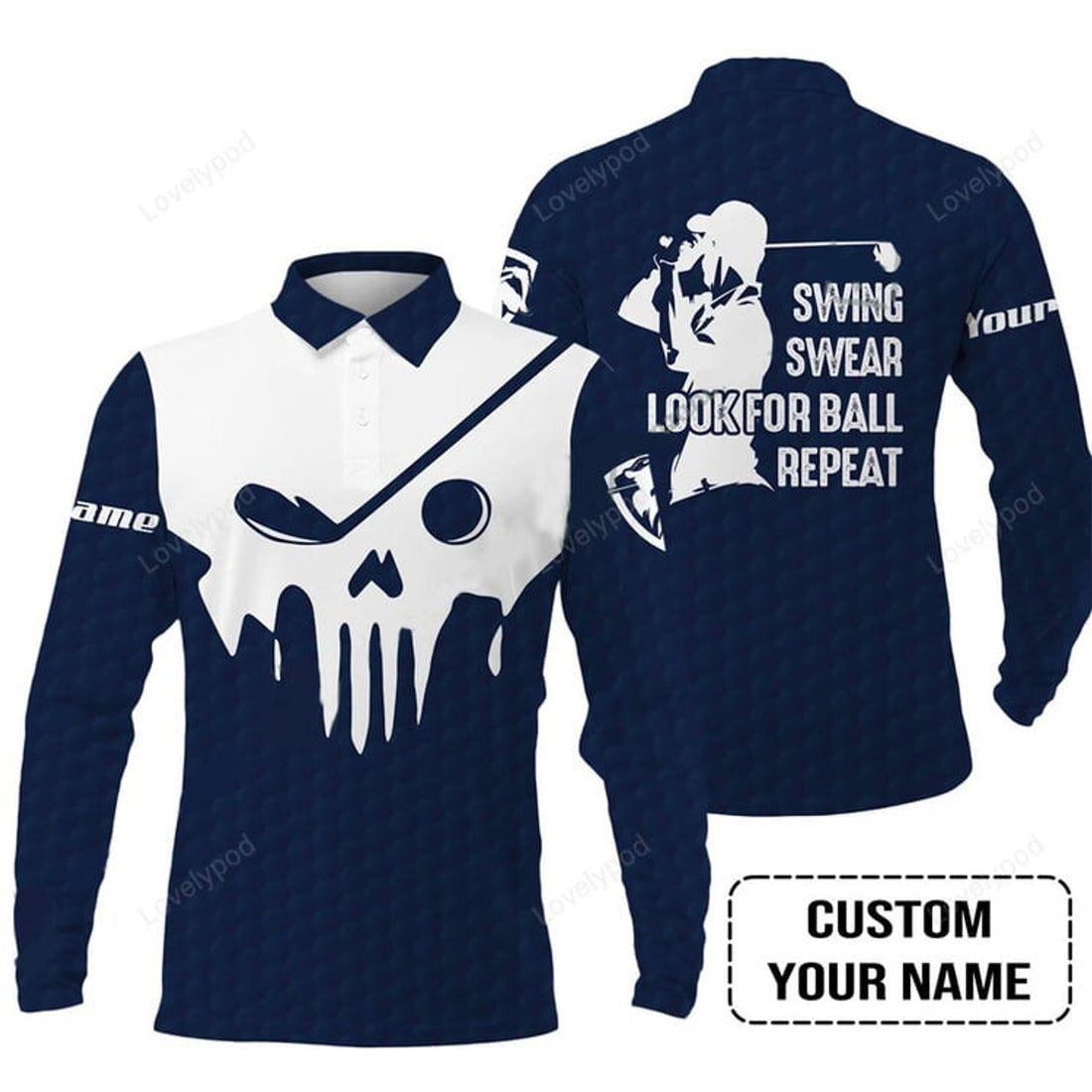 FUNSTUFFPRINT Golf Long Sleeve Men Polo Shirt - Custom Name Golf Skull - Swing Swear Look For Ball Repeat Long Sleeve Men Polo Shirt