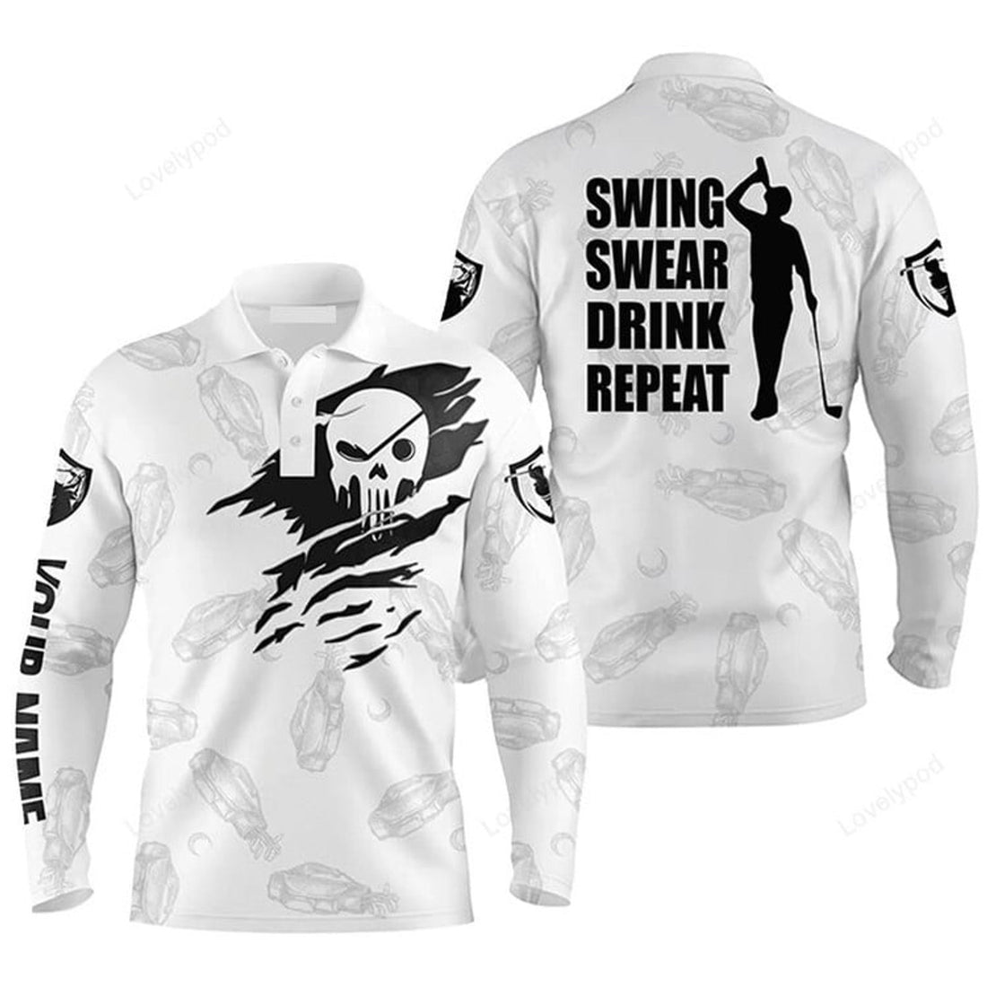 FUNSTUFFPRINT Custom Golf Long Sleeve Men Polo Shirt- Custom Name Skull - Swing Swear Drink Repeat Men Polo Shirt